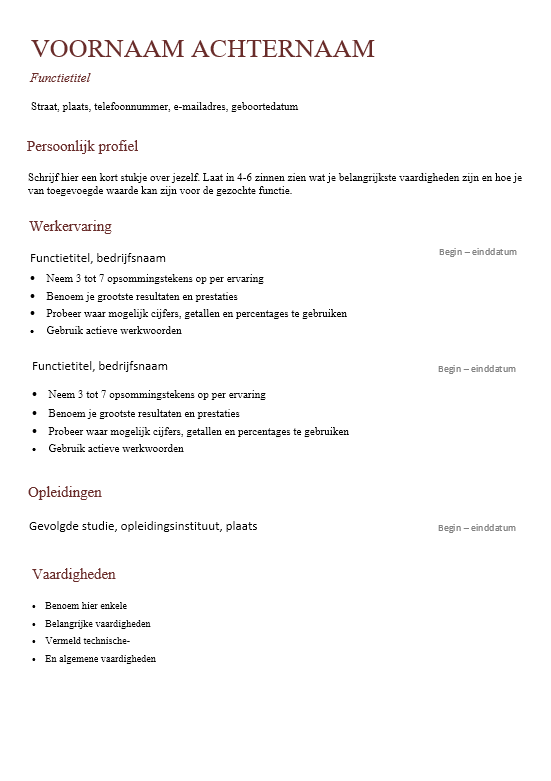 cv template Word-klassiek